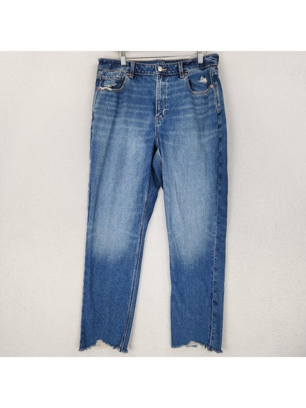 American Eagle Jeans Womens 12 Blue Mom High Rise Distressed Raw Hem Strigid